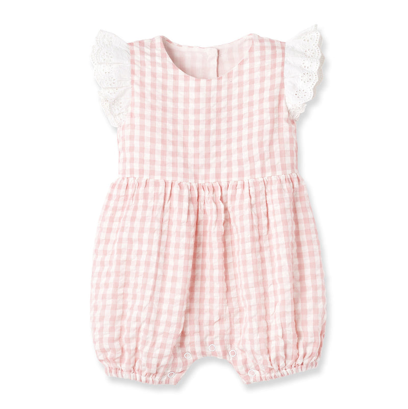 Truffles Baby Girl Clothes Romper / 0-3M Pink Gingham Baby Romper with Eyelet Flutter Sleeves