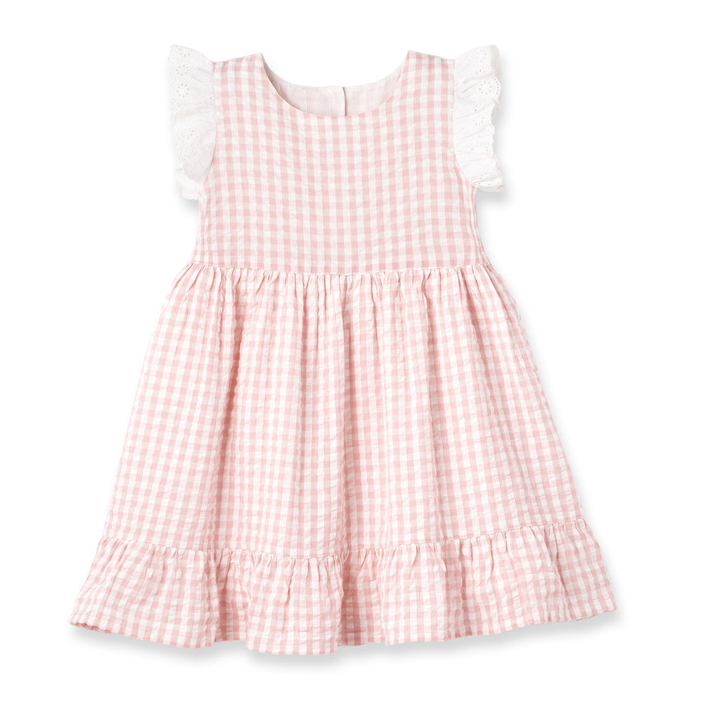 white christmas dresses Pink striped long cotton dress with V-neck and tie waist detail – DESTREE main image 1