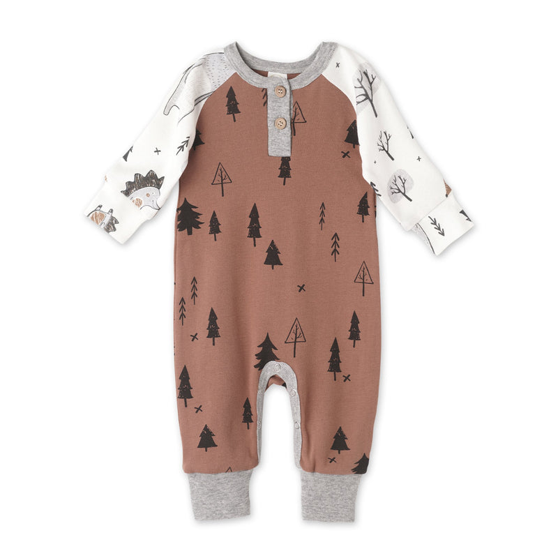 Tesa Babe Baby Boy Clothes Forest Critter Henley Romper - Organic Cotton