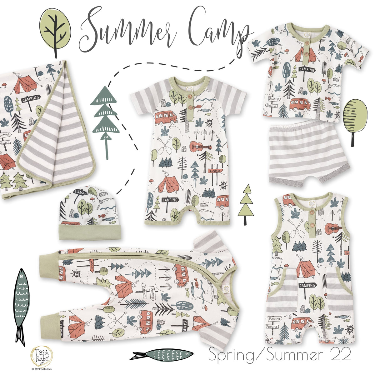 Tesa Babe Baby Boy Clothes NEW!  Summer Camp Zippered Romper