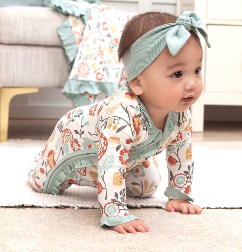 Tesa Babe Baby Girl Clothes Folklore Footed Kimono Ruffle Zipper Romper