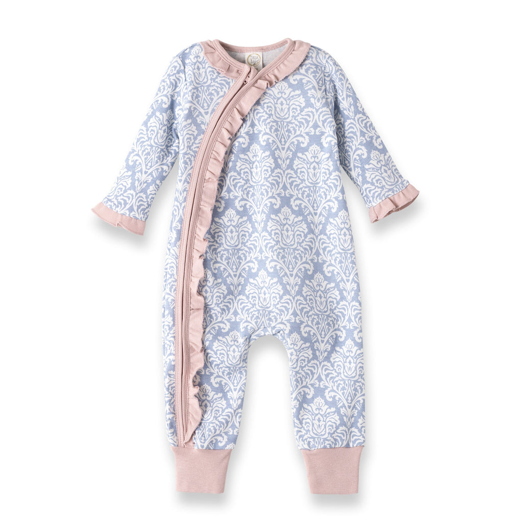 Tesa Babe Baby Girl Clothes NEW! Damask Blue & Pink Zipper Romper