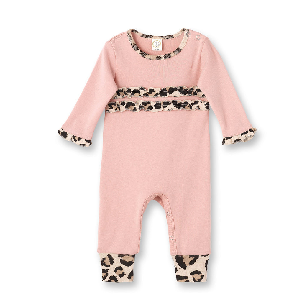 Tesa Babe Baby Girl Clothes Pink Ruffle Romper with Leopard Trim